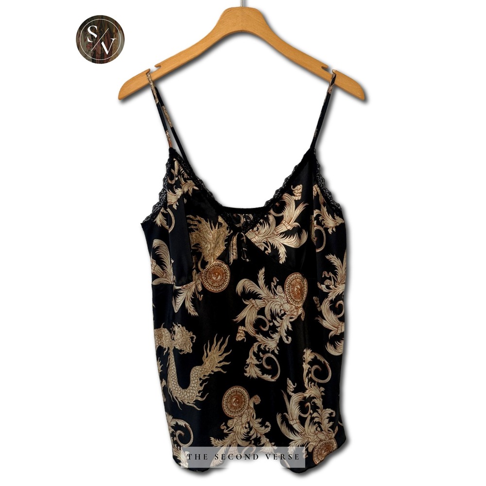 Black Baroque Dragon Print Lace Trim Cami Top Gold Ornate Satin 2XL